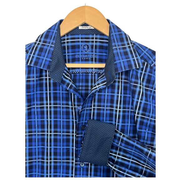 Bugatchi Shirt Mens Extra Large Blue Black Plaid Shaped Fit Long Sleeve Preppy - Picture 1 of 15